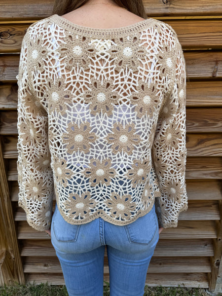 Flower Crochet Latte Knit Sweater Top