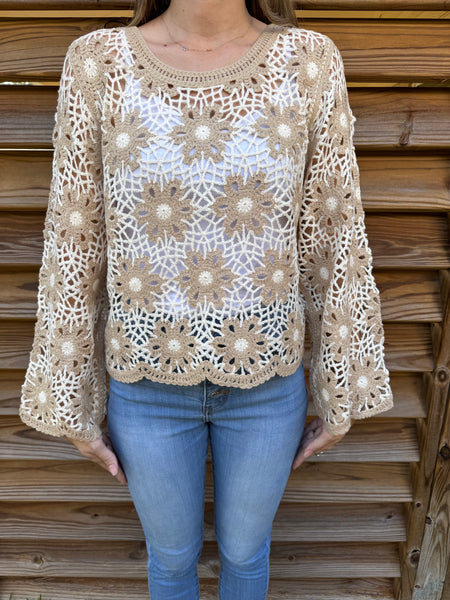 Flower Crochet Latte Knit Sweater Top