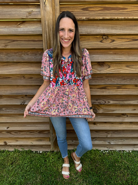 Smitten & Smocked Floral Mauve Blouse