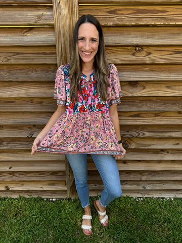 Smitten & Smocked Floral Mauve Blouse