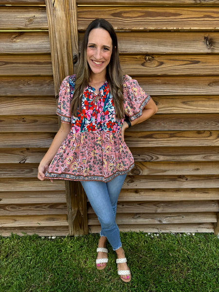 Smitten & Smocked Floral Mauve Blouse