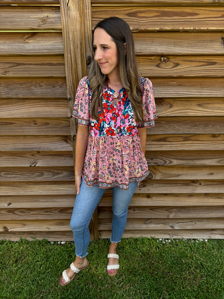 Smitten & Smocked Floral Mauve Blouse