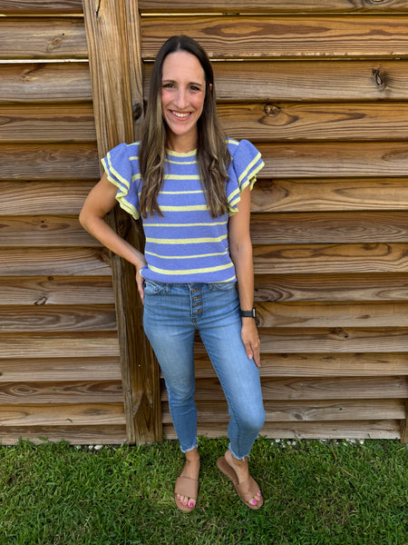 Periwinkle & Lime Striped Short Sleeve Sweater Top