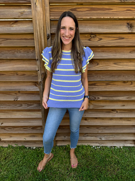 Periwinkle & Lime Striped Short Sleeve Sweater Top