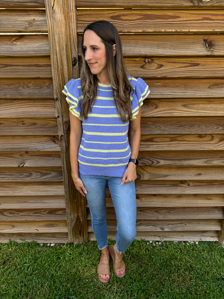 Periwinkle & Lime Striped Short Sleeve Sweater Top