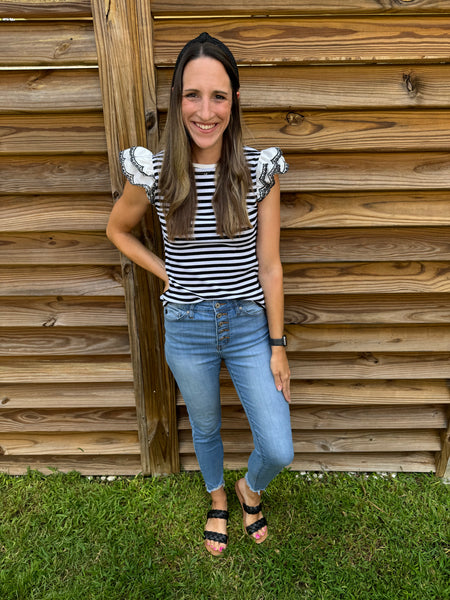 Black & White Eyelet Ruffled Sleeved Blouse