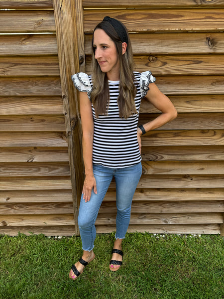Black & White Eyelet Ruffled Sleeved Blouse
