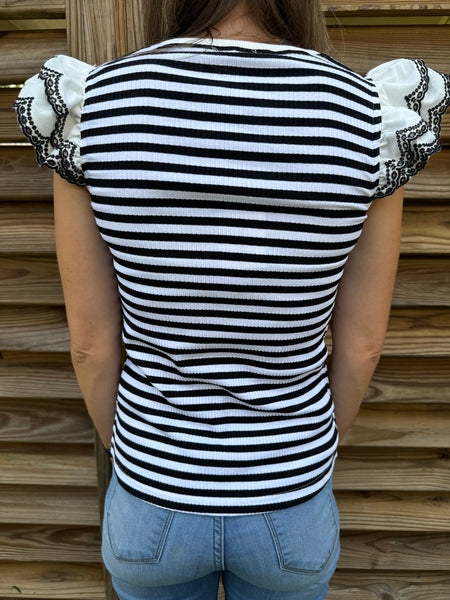 Black & White Eyelet Ruffled Sleeved Blouse