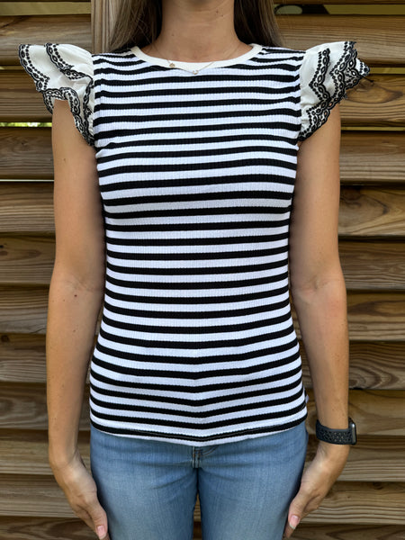 Black & White Eyelet Ruffled Sleeved Blouse