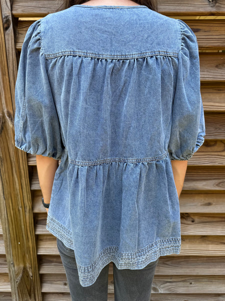 Dahlia Denim Babydoll Bubble Sleeve Blouse
