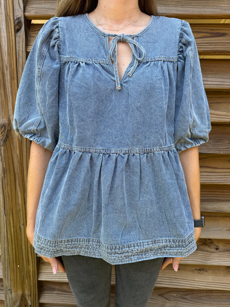 Dahlia Denim Babydoll Bubble Sleeve Blouse