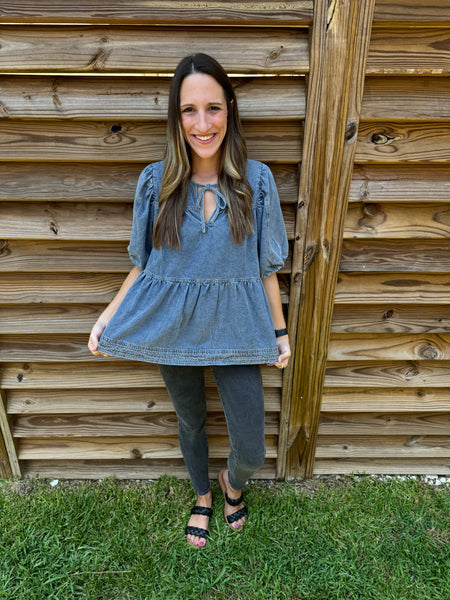 Dahlia Denim Babydoll Bubble Sleeve Blouse