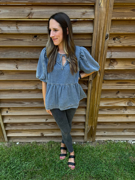 Dahlia Denim Babydoll Bubble Sleeve Blouse
