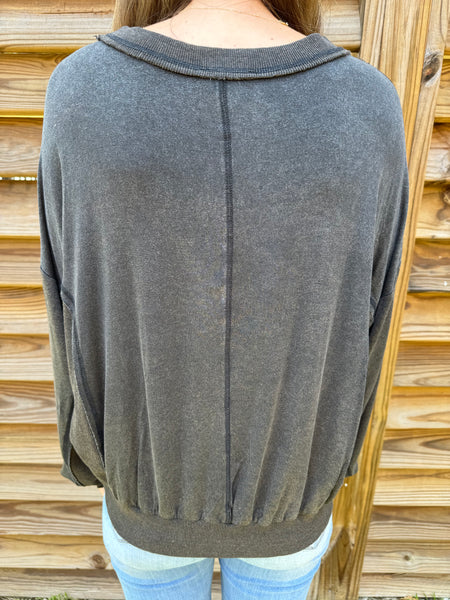 Mindy Mineral Washed Sweater Top - Charcoal