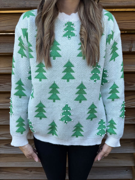 Trees & Pearls Christmas Sweater - Green