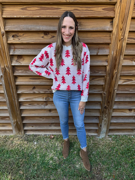 Trees & Pearls Christmas Sweater - Red