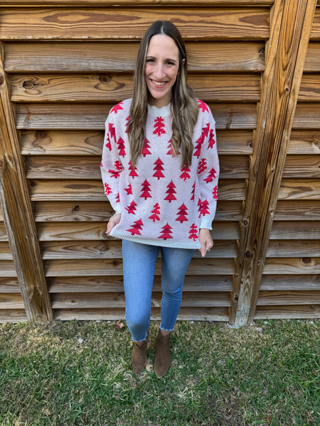 Trees & Pearls Christmas Sweater - Red