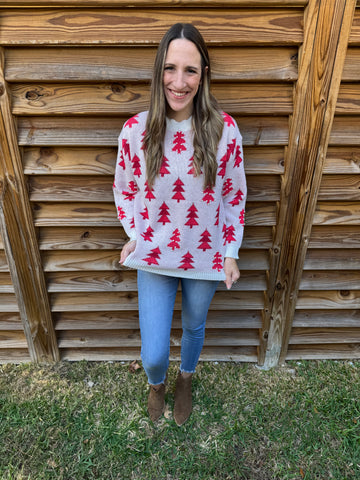 Trees & Pearls Christmas Sweater - Red