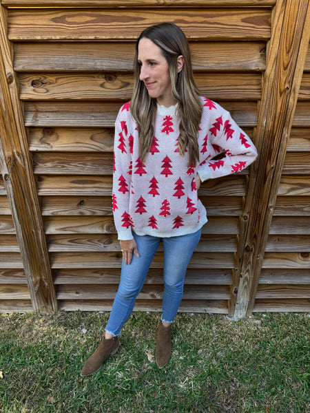 Trees & Pearls Christmas Sweater - Red