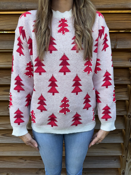 Trees & Pearls Christmas Sweater - Red