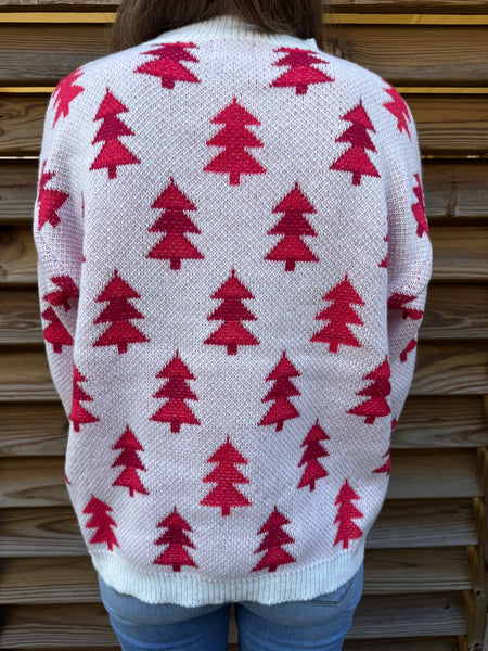 Trees & Pearls Christmas Sweater - Red