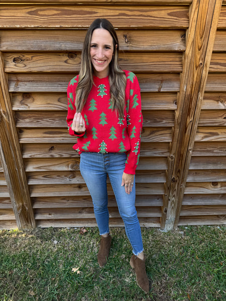 Trees & Pearls Christmas Sweater - Green & Red