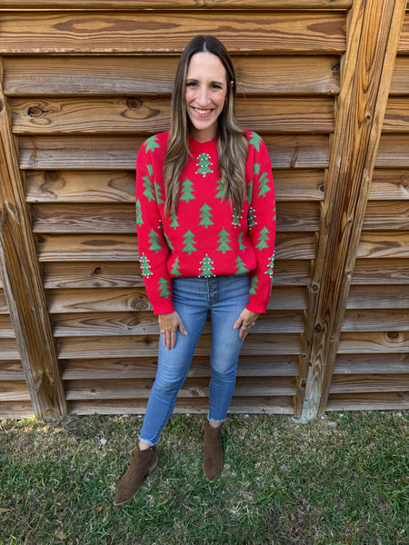 Trees & Pearls Christmas Sweater - Green & Red