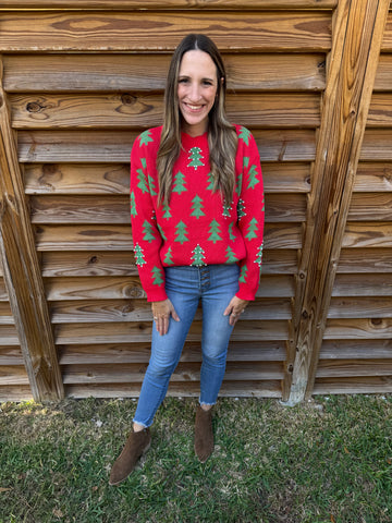 Trees & Pearls Christmas Sweater - Green & Red