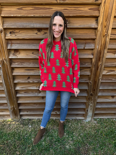 Trees & Pearls Christmas Sweater - Green & Red