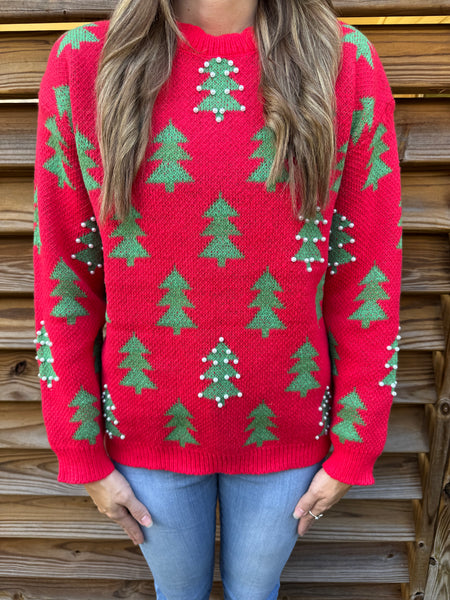 Trees & Pearls Christmas Sweater - Green & Red