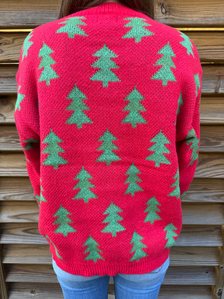 Trees & Pearls Christmas Sweater - Green & Red