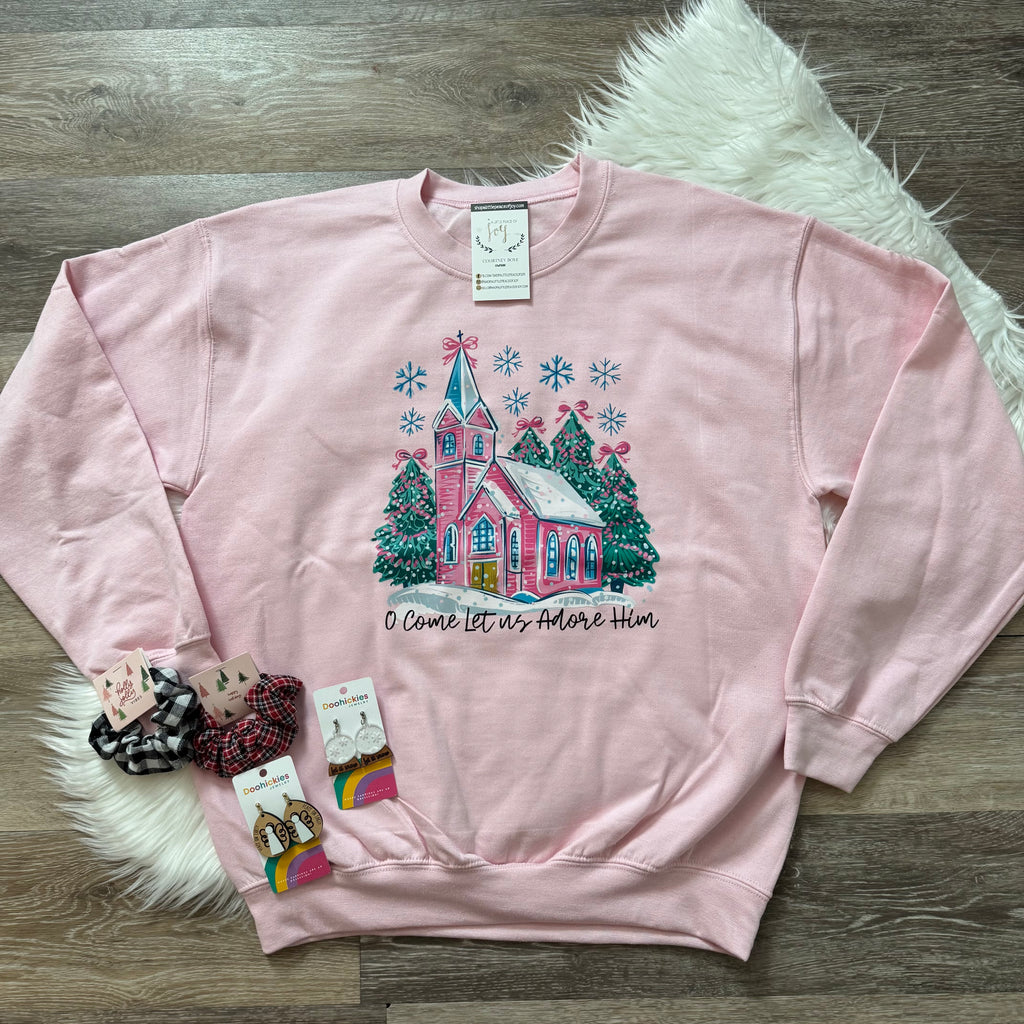 O Come Let Us Adore Him Pink Sweatshirt