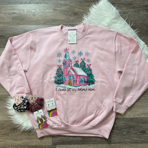 O Come Let Us Adore Him Pink Sweatshirt