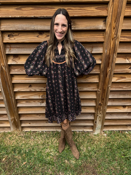 Boho Floral Smocked Black Dress