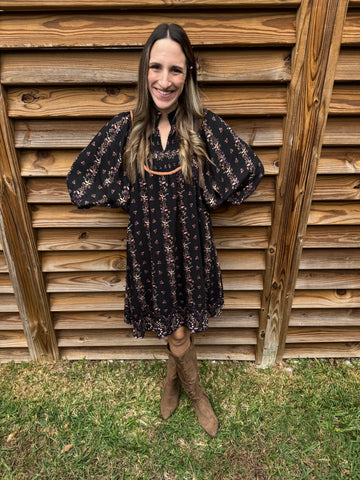Boho Floral Smocked Black Dress