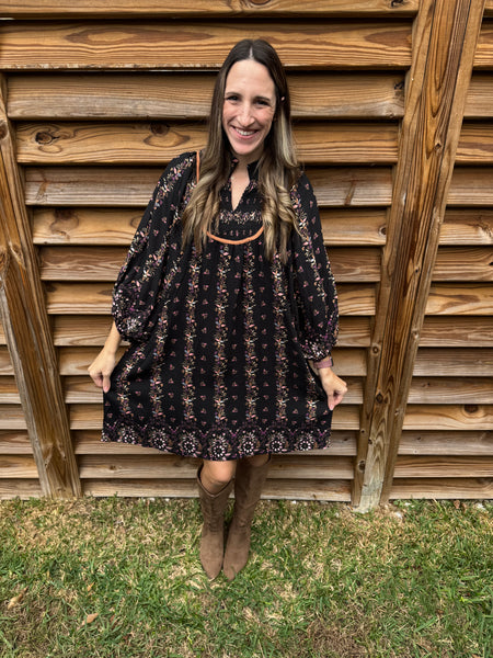Boho Floral Smocked Black Dress