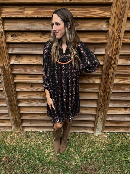 Boho Floral Smocked Black Dress