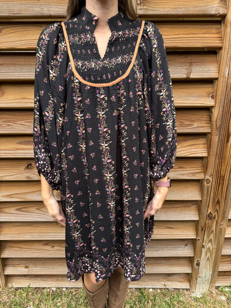 Boho Floral Smocked Black Dress