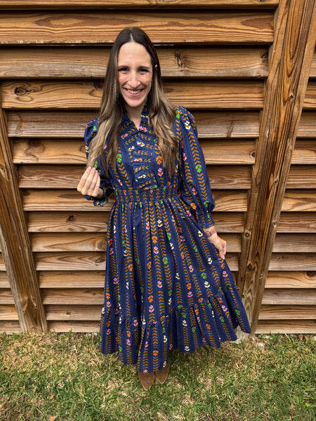 Midnight Navy Floral Smocked Midi Dress