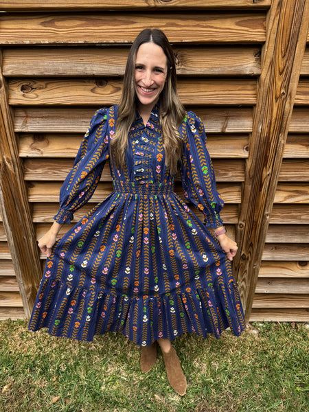Midnight Navy Floral Smocked Midi Dress
