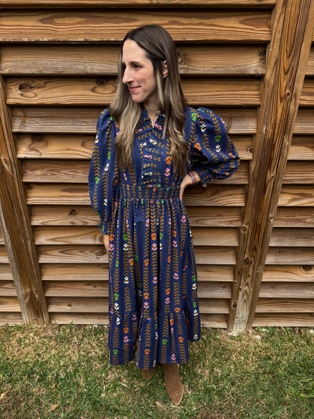 Midnight Navy Floral Smocked Midi Dress