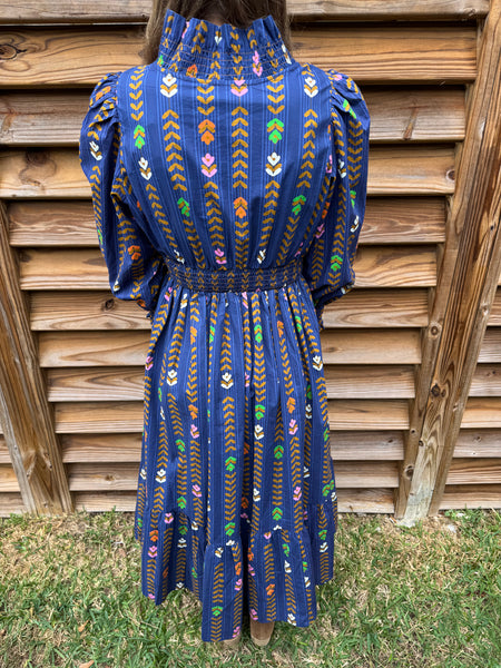 Midnight Navy Floral Smocked Midi Dress