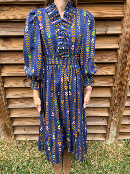 Midnight Navy Floral Smocked Midi Dress