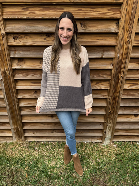 Oatmeal & Grey Mixed Pattern Block Sweater