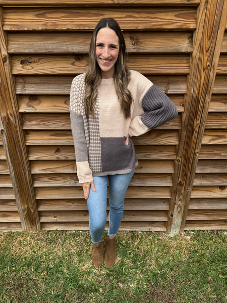 Oatmeal & Grey Mixed Pattern Block Sweater