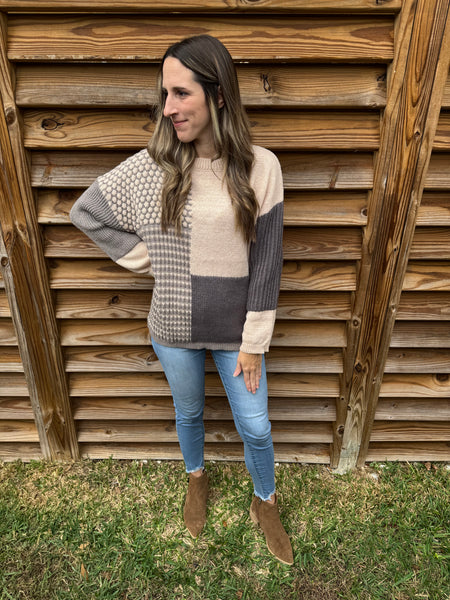 Oatmeal & Grey Mixed Pattern Block Sweater