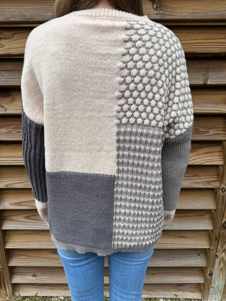 Oatmeal & Grey Mixed Pattern Block Sweater