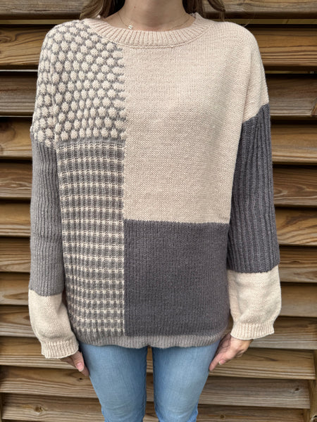 Oatmeal & Grey Mixed Pattern Block Sweater
