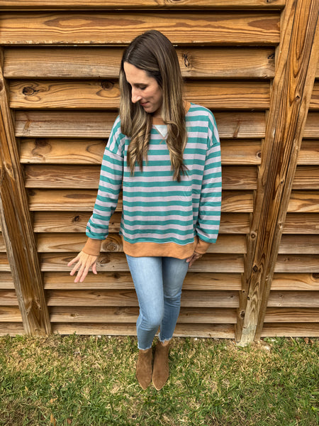 Teal & Caramel Striped Sweater