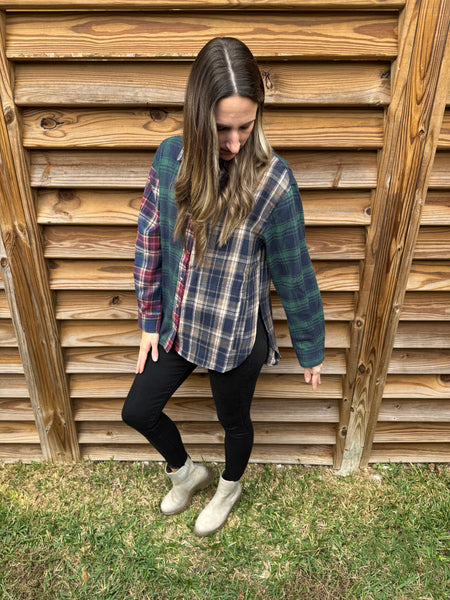 Mixed Plaid Button Up Shacket